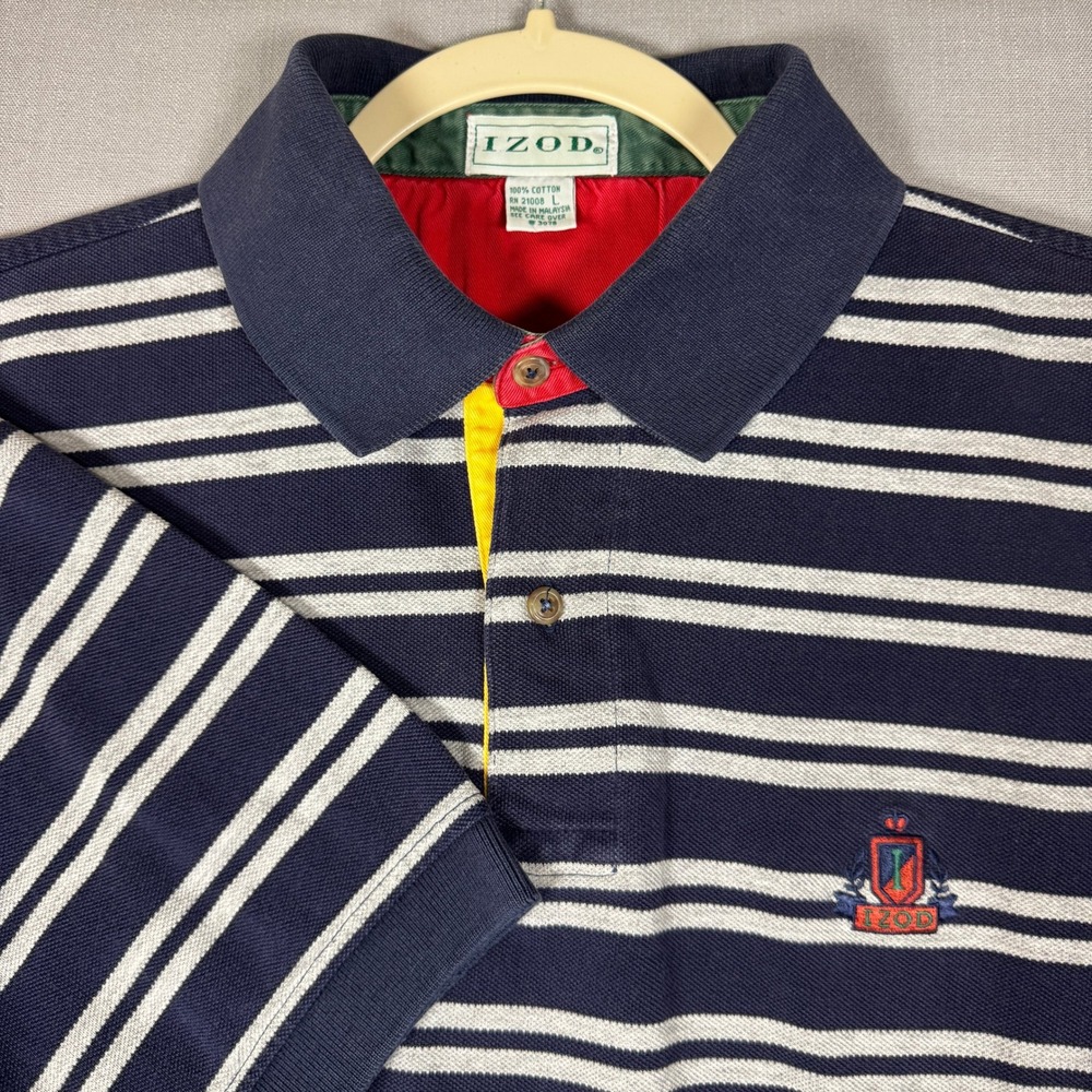 Vintage IZOD Polo Shirt Mens Large Navy White Striped Crest Pique Short Sleeve